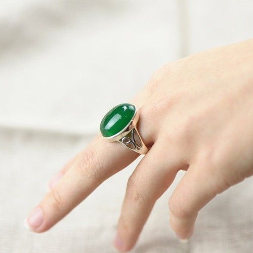 Bague En Calcédoine Verte Naturelle Incrustée En Argent Sterling 925 Rétro De Haute Qualité