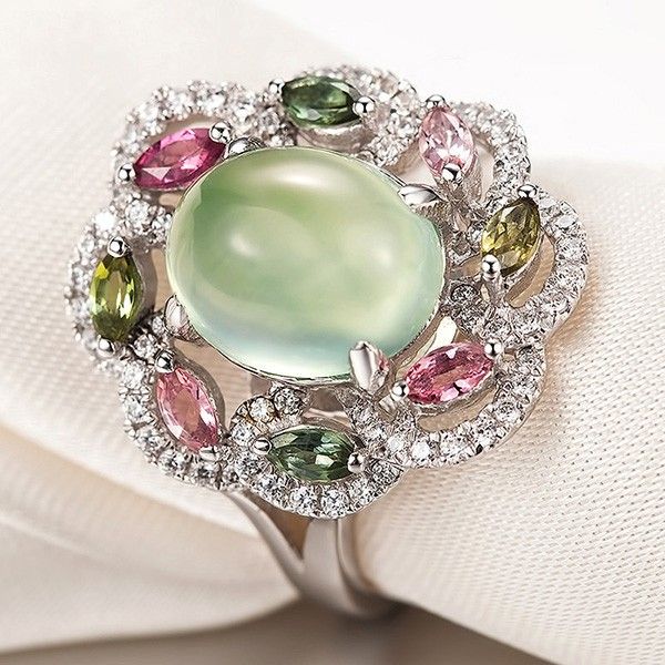 Bague De Cocktail En Argent 925 Avec Personnalité Ovale Naturelle Prehnite Pour Femme