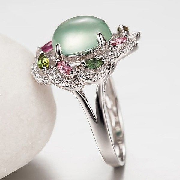 Bague De Cocktail En Argent 925 Avec Personnalité Ovale Naturelle Prehnite Pour Femme