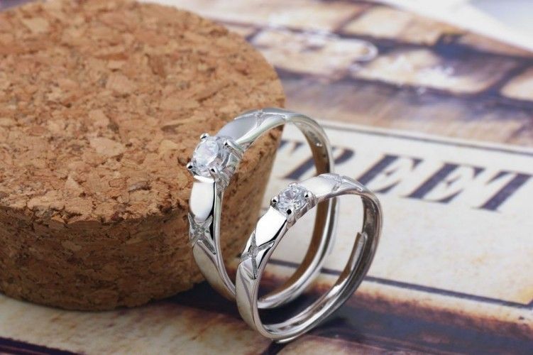 Bague De Couple Ajustable En Argent Sterling 925 Avec Diamant Taille Ronde