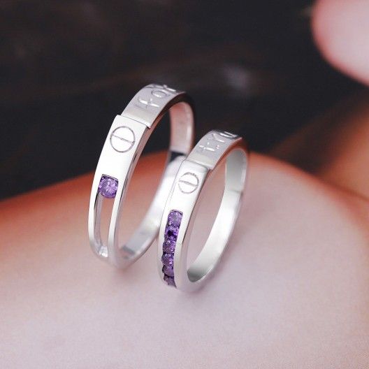 Bague Couple Plaqué Platine Incrusté Violet CZ "forever Love" En Argent Sterling