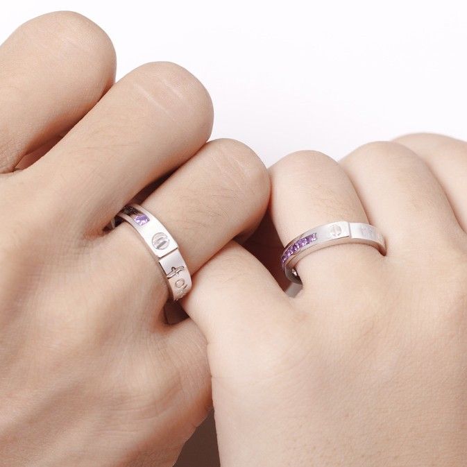 Bague Couple Plaqué Platine Incrusté Violet CZ "forever Love" En Argent Sterling