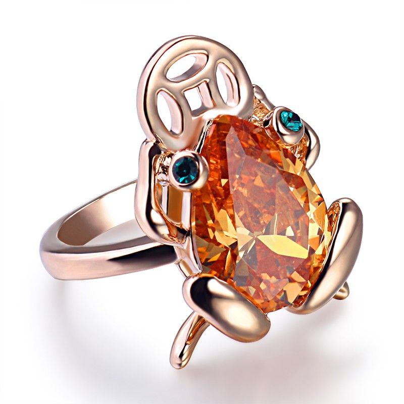 Bague En Cristal Jaune Incrusté D'alliage De Forme De Crapaud Doré Mignon Pour Femme