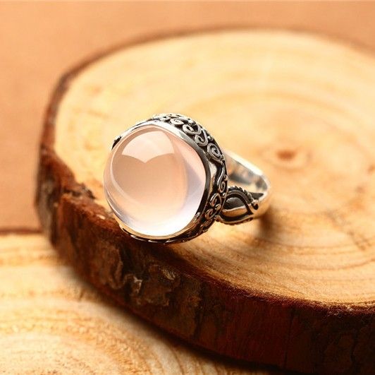 Bague En Cristal Rose Naturel Incrusté D'argent Sterling 925 De Luxe Rétro