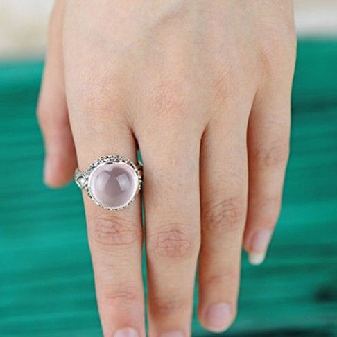 Bague En Cristal Rose Naturel Incrusté D'argent Sterling 925 De Luxe Rétro