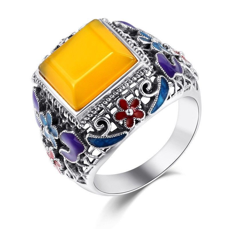 Bague En Émail Cloisonné En Argent Sterling Incrusté De Pierres Précieuses