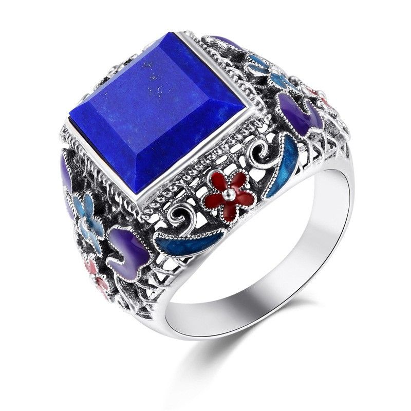 Bague En Émail Cloisonné En Argent Sterling Incrusté De Pierres Précieuses