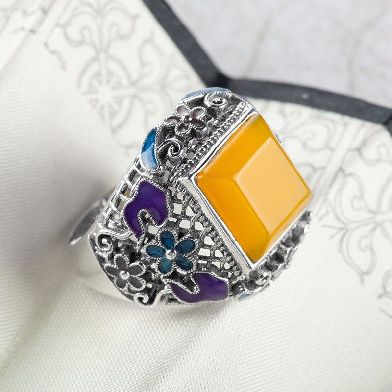 Bague En Émail Cloisonné En Argent Sterling Incrusté De Pierres Précieuses