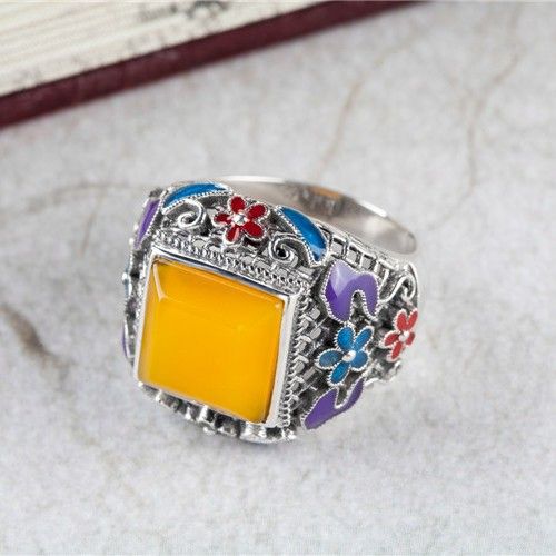 Bague En Émail Cloisonné En Argent Sterling Incrusté De Pierres Précieuses