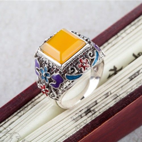 Bague En Émail Cloisonné En Argent Sterling Incrusté De Pierres Précieuses