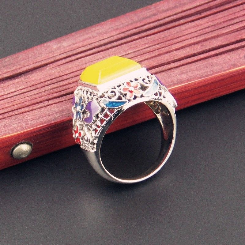 Bague En Émail Cloisonné En Argent Sterling Incrusté De Pierres Précieuses