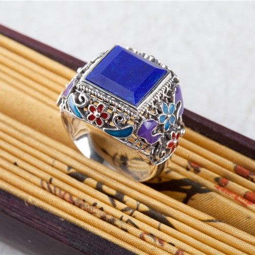 Bague En Émail Cloisonné En Argent Sterling Incrusté De Pierres Précieuses