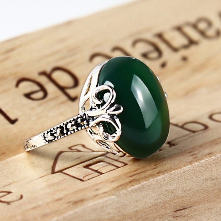 Bague Pour Femme En Agate Verte Naturelle Incrustée En Argent Sterling 925 De Style Palais