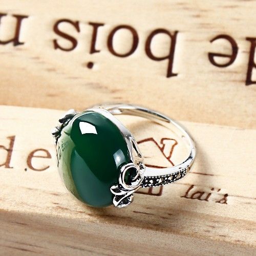 Bague Pour Femme En Agate Verte Naturelle Incrustée En Argent Sterling 925 De Style Palais