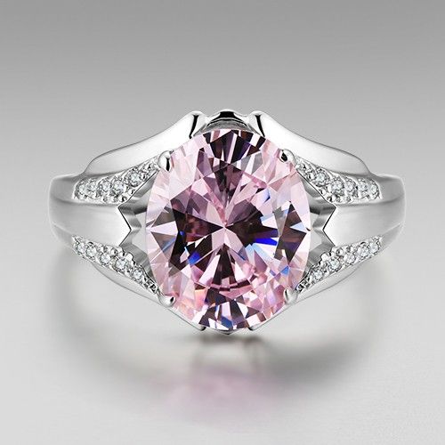 Bague Pour Femme En Argent Sterling 925 Avec Zircone Cubique Rose Taille Ovale Plaquée Platine