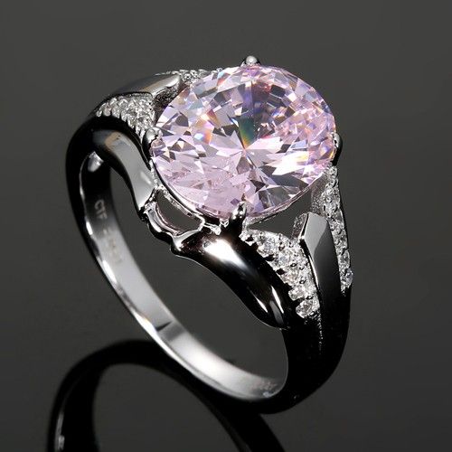 Bague Pour Femme En Argent Sterling 925 Avec Zircone Cubique Rose Taille Ovale Plaquée Platine