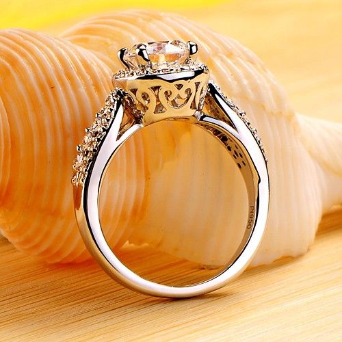 Bague Pour Femme En Argent Sterling 925 Plaqué Platine Avec Zircone Cubique Ronde