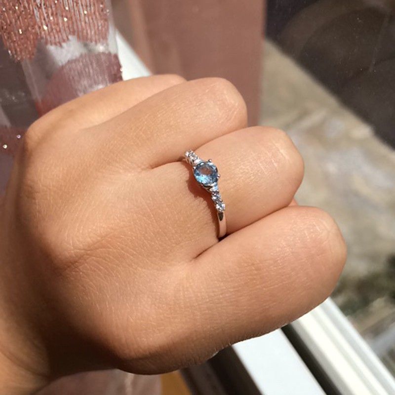 Bague De Fiançailles En Argent 925 Avec Aigue-marine Naturelle Pure