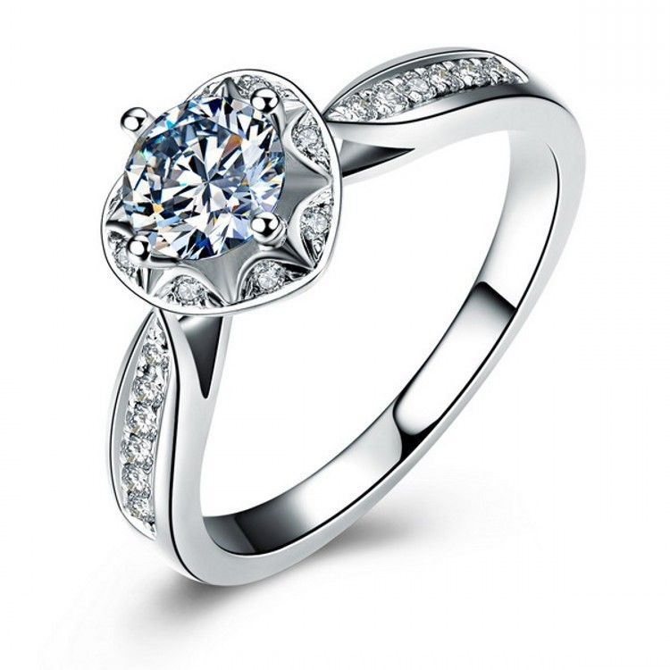 Bague De Fiançailles CZ En Argent Sterling 925 En Forme De Coeur