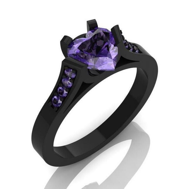 Bague De Fiançailles CZ En Forme De Coeur Incrustée D'or Noir Personnalisé