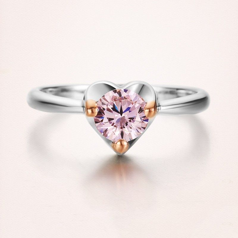 Bague De Fiançailles En Forme De Coeur Avec Zircon Cubique Rose Plaqué Argent 925