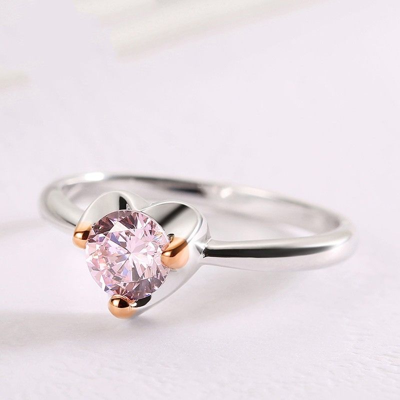 Bague De Fiançailles En Forme De Coeur Avec Zircon Cubique Rose Plaqué Argent 925