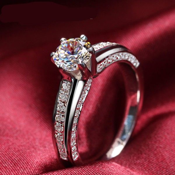 Bague De Fiançailles / Mariage En Argent Sterling 925 Brillant Avec Gros Diamant Artificiel Rond