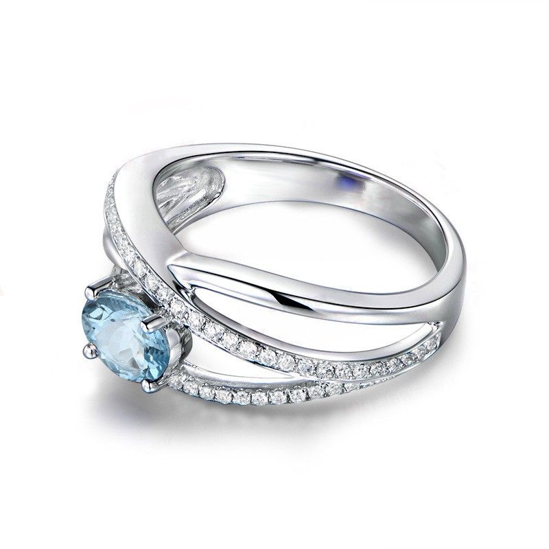 Bague De Fiançailles / Mariage En Argent Sterling Avec Topaze Bleue Naturelle Creuse Pour Elle