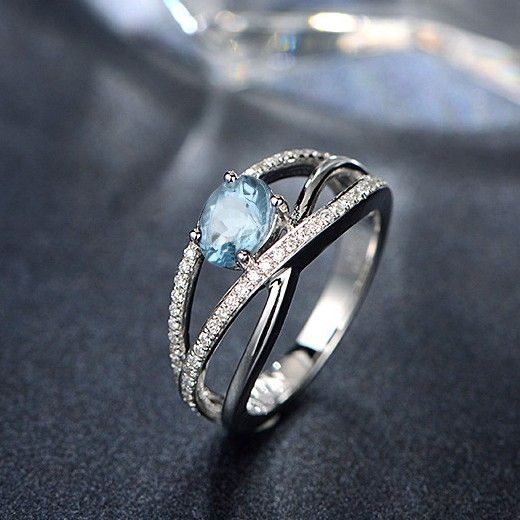 Bague De Fiançailles / Mariage En Argent Sterling Avec Topaze Bleue Naturelle Creuse Pour Elle