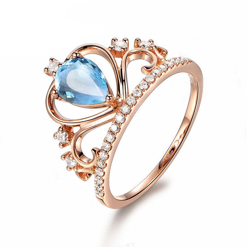 Bague De Fiançailles / Mariage Pour Dame En Argent Sterling Avec Couronne D'or Rose Topaze Bleue Naturelle