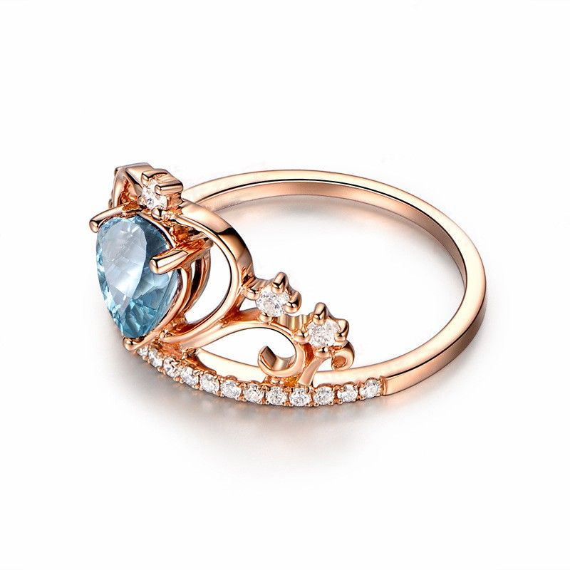 Bague De Fiançailles / Mariage Pour Dame En Argent Sterling Avec Couronne D'or Rose Topaze Bleue Naturelle