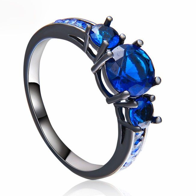 Bague De Fiançailles / Mariage Noir Électrophorétique Pour Dame Saphir Bleu Taille Ronde Fine