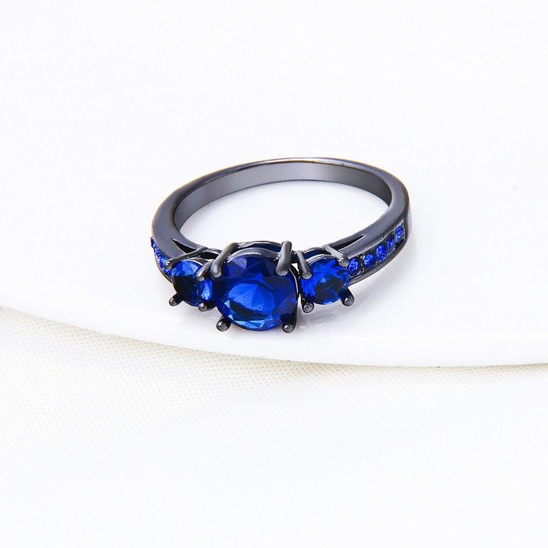 Bague De Fiançailles / Mariage Noir Électrophorétique Pour Dame Saphir Bleu Taille Ronde Fine