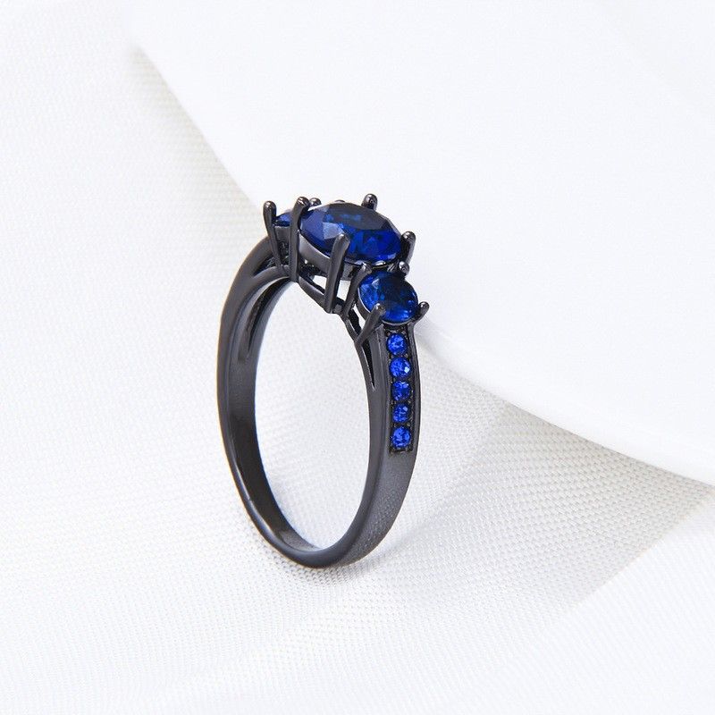 Bague De Fiançailles / Mariage Noir Électrophorétique Pour Dame Saphir Bleu Taille Ronde Fine