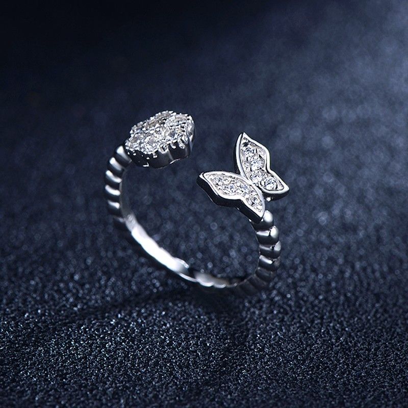 Bague De Fiançailles D'ouverture En Argent S925 En Forme De Fleur De Papillon Mignon