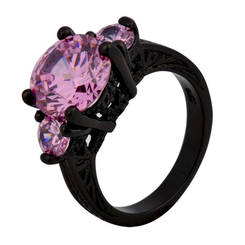 Bague De Fiançailles / Bague De Fiançailles Plaquée Or Noir 10kt Pour Dame En Saphir Rose Taille Ronde