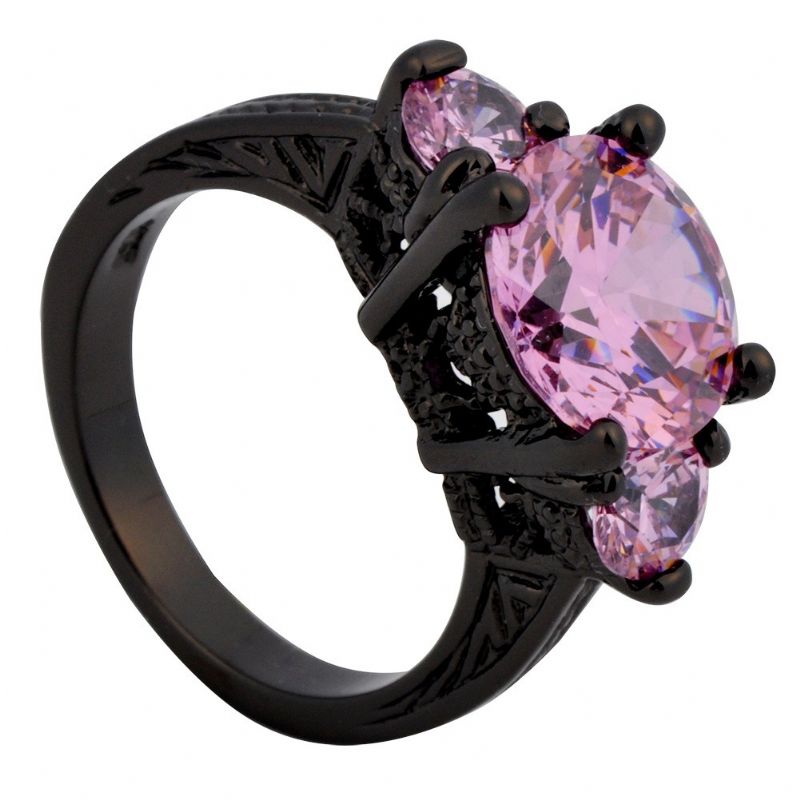 Bague De Fiançailles / Bague De Fiançailles Plaquée Or Noir 10kt Pour Dame En Saphir Rose Taille Ronde