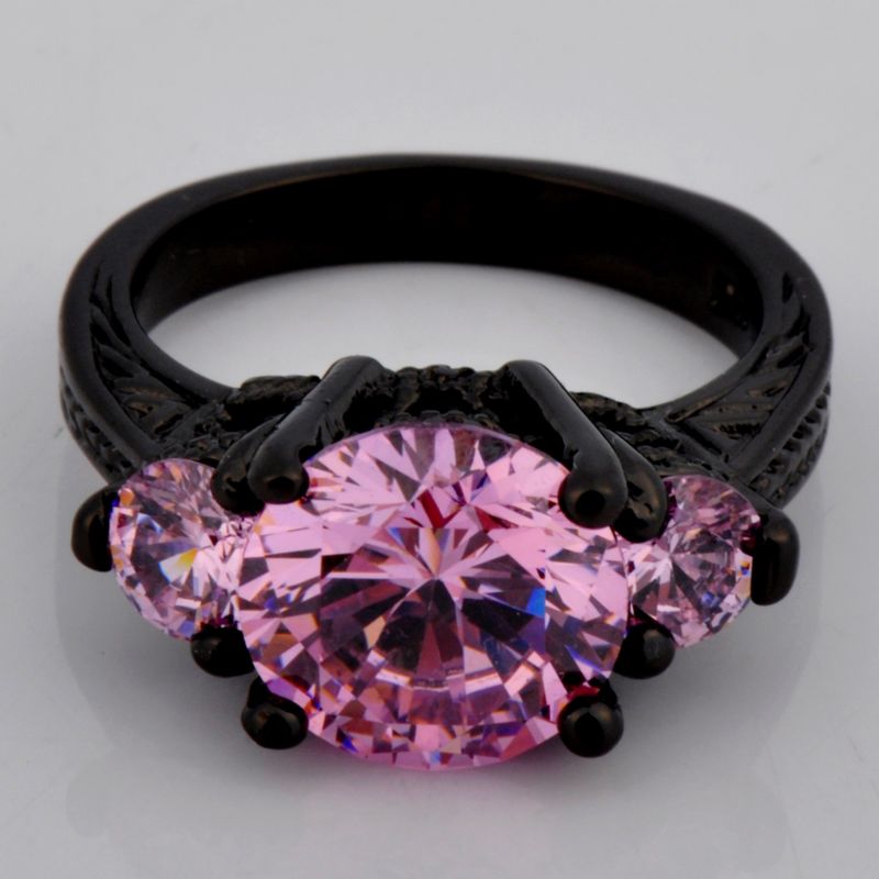 Bague De Fiançailles / Bague De Fiançailles Plaquée Or Noir 10kt Pour Dame En Saphir Rose Taille Ronde