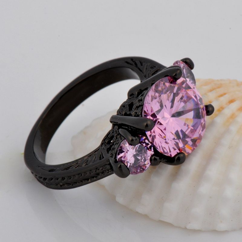 Bague De Fiançailles / Bague De Fiançailles Plaquée Or Noir 10kt Pour Dame En Saphir Rose Taille Ronde