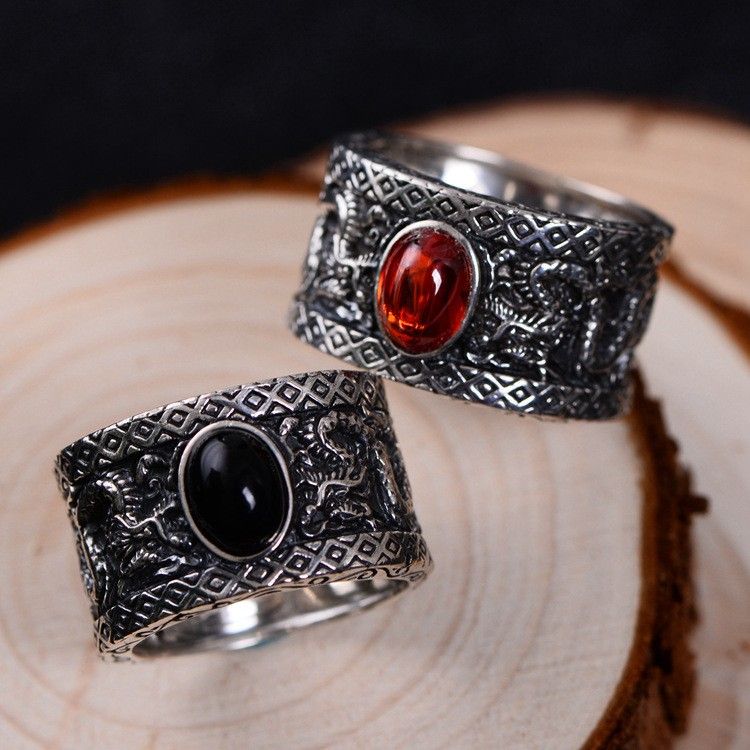 Bague Pour Homme En Argent Sterling À Motif Dragon Grenat Et Agate Noire S925