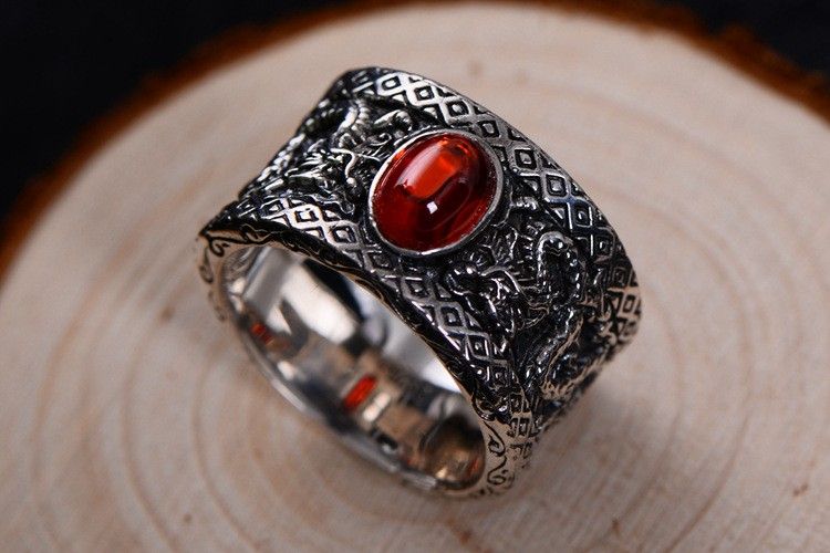 Bague Pour Homme En Argent Sterling À Motif Dragon Grenat Et Agate Noire S925