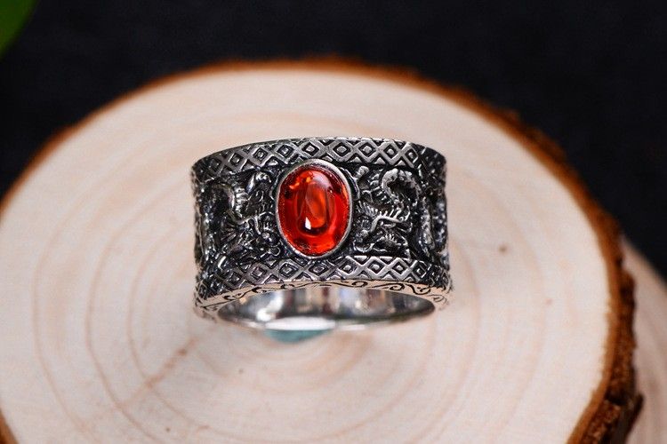 Bague Pour Homme En Argent Sterling À Motif Dragon Grenat Et Agate Noire S925