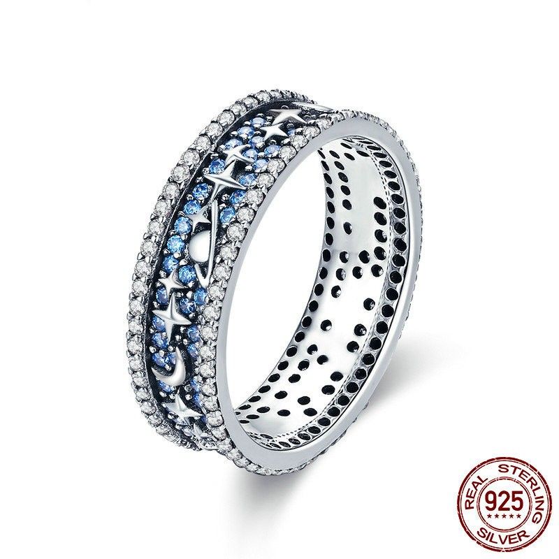 Bague De Lune Étoile Creuse En Argent Sterling 925 Avec Zircon Cubique Bleu