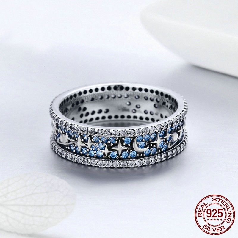 Bague De Lune Étoile Creuse En Argent Sterling 925 Avec Zircon Cubique Bleu