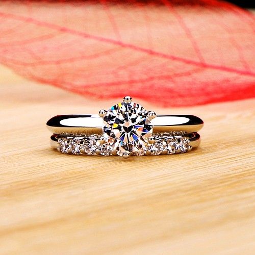 Bague De Mariage Pour Femme Ronde À 6 Broches Avec Zircone Cubique Pour Femme En Argent Sterling 925 Plaqué Platine