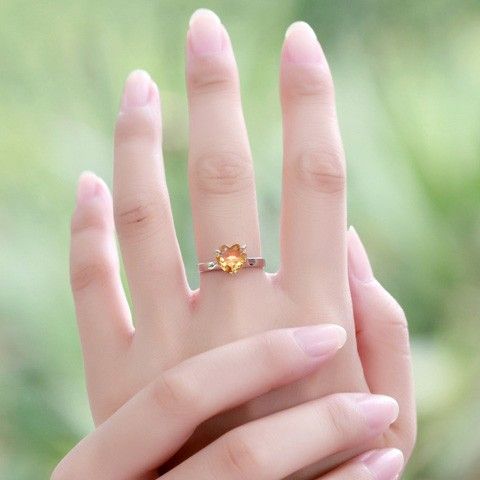 Bague De Mode En Cristal Jaune Naturel Haut De Gamme Incrusté D'argent 925