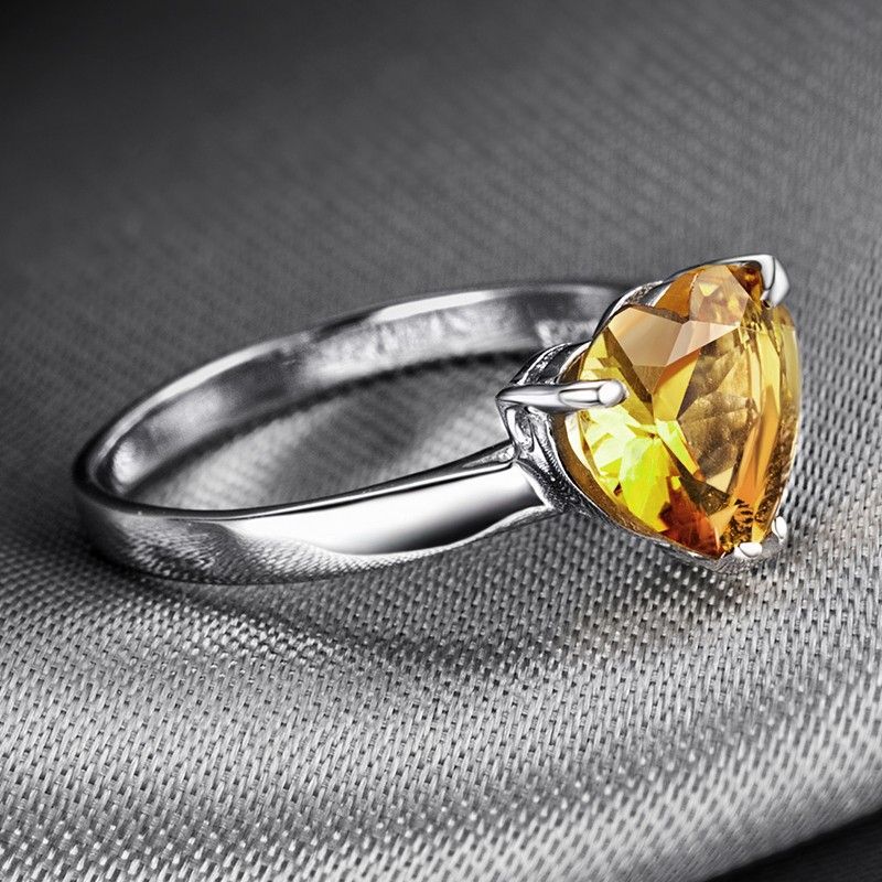 Bague De Mode En Cristal Jaune Naturel Haut De Gamme Incrusté D'argent 925