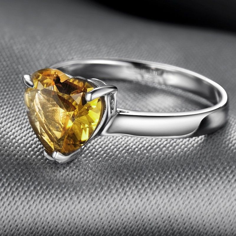 Bague De Mode En Cristal Jaune Naturel Haut De Gamme Incrusté D'argent 925