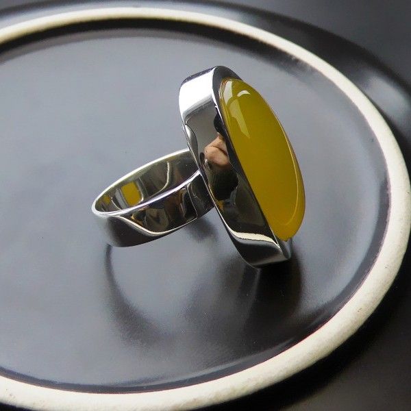 Bague En Onyx Jaune Naturel Incrusté De Mode Exagérée En Argent Sterling 925