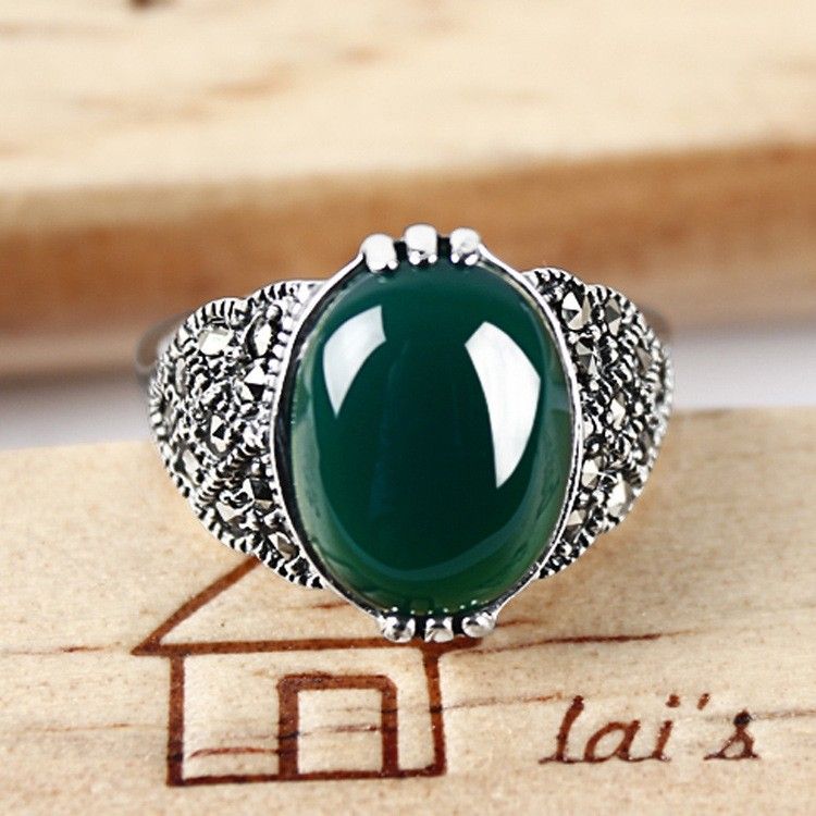 Bague En Onyx Vert Ovale Incrusté En Argent Sterling 925 Classique Vintage